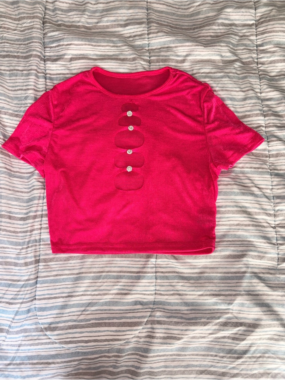 Women’s Pink Short Sleeve Crop Top with Embellished Buttons